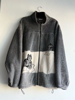 XL Vintage Wolf Winter Gray Fleece Zip Up Sweater